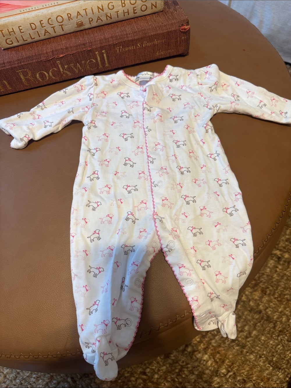 Kissy Kissy Cream Footed Onesie with Pink & Gray Puppy Motif